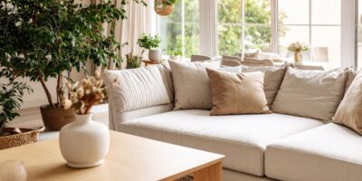 Vacuuming a sofa in a family home to make it clean.